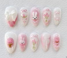 𓆩♡𓆪 @Rome_6 Tulips Nails, Nails Rabbit, Rabbit Nails, Tulip Nails, Nails Hand Painted, Nails Flower, Art Deco Nails, Custom Press On Nails, Nails 3d