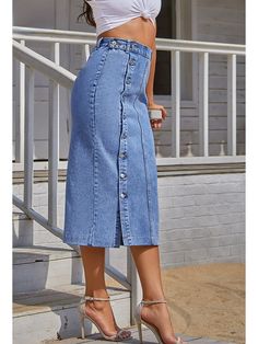 Outfit Denim Skirt, Side Button Skirt, Midi Jean Skirt, Slim Fit Skirts, Midi Jeans, High Waisted Denim Skirt, Office Skirt, Long Denim Skirt, Trendy Skirts