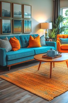 21 Stunning Modern Living Room Ideas For Inspiration Living Room Blue Orange, Bright Minimalist Living Room, Orange House Interior, Modern Colourful Living Room, Cozy Couches Living Room, Living Room Inspiration Minimalist, Blue And Orange Living Room, Bold Sofa, Carpet Inspiration