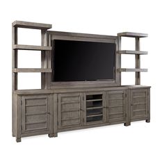 a large entertainment center with shelves and a flat screen tv