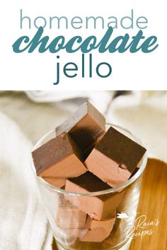 homemade chocolate jello in a glass on a wooden tray with text overlay that reads homemade chocolate jello