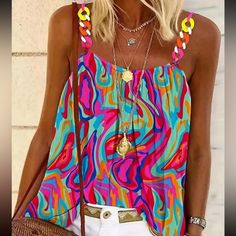 Amazing Look And Feel. Super Soft And Goes Great With Jeans! Casual Fit. Sm=4 Med=6 Ltg=8/10 Xl=12 Xxl=14 Poly Blend. Machine Wash. Medium Weight. Tropical Abstract, Spaghetti Strap Top, Collars For Women, Trend Fashion, Strap Tops, Inspiration Mode, Cami Top, Print Top, Cami Tops