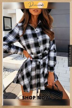 Plaid Colorblock Long Sleeve Shirt Dress P13915 Short Fall Dresses, Fall Long Sleeve Shirts, Long Sleeve Plaid Dress, Shirt Mini Dress, Shirt Collar Styles, Plaid Dress Shirt, Belted Shirt Dress, Long Sleeve Plaid Shirt, Style Upgrade