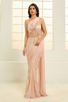 Rose gold padded corset, draped saree gown with floral vine embroidery. - Aza Fashions Corset Saree, Draped Saree Gown, Draped Corset, Vine Embroidery, Saree Gowns, Draped Saree, Gown For Women, Saree Gown, Drape Saree