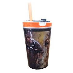 a star wars travel cup with a straw in it and chew - o's on the side