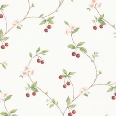 a white wallpaper with cherries and flowers on it