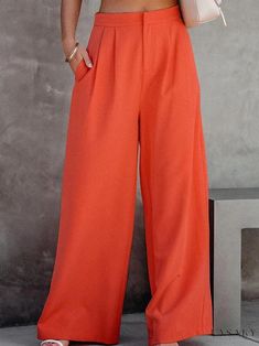 Lasaky - High-Waisted Wide-Leg Trousers for Casual Style - Orange Wide Leg Pants For Workwear In Solid Color, Summer Wide Leg Work Pants Solid Color, Summer Wide Leg Work Pants In Solid Color, Casual Orange Bottoms, Chic Spring Waist-length Bottoms, Summer Workwear Bottoms In Solid Color, Orange Solid Bottoms For Spring, Orange Solid Color Bottoms For Spring, High Waist Wide Leg Pants With Loosely Fitted Hips