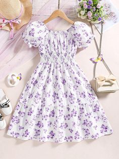 Tween Girl Floral Print Puff Sleeve Ruffle Hem Dress Violet Purple   Short Sleeve Fabric Plants,Ditsy Floral A Line Non-Stretch  Tween Girls Clothing, size features are:Bust: ,Length: ,Sleeve Length: Cute Church Dresses, Vestidos Color Pastel, Teenage Clothes, Persian Art, Cute Dress Outfits, Quick Outfits, Cute Preppy Outfits, Ruffle Hem Dress, Cute Summer Dresses