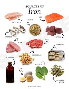 the sources of iron are shown in this diagram, including fish, beans, broccoli, and other foods