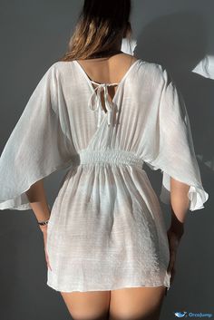 OrcaJump - White Semi-Sheer Beach Dress with Elegant Flowing Sleeves Flowing Sleeves, Style Feminine, Beach Cover Ups, Swimwear Beach, Style Basic, Vacation Style, Neck Pattern, Beach Dress, White Style