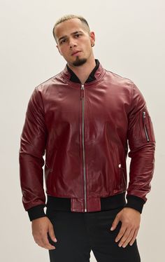 Modèle # 7749 Urban Leather Jacket For Business In Fall, Urban Leather Jacket For Fall Business Wear, Solid Leather Biker Jacket For Streetwear, Urban Leather Outerwear For Business, Urban Leather Jacket With Padded Collar For Fall, Burgundy Leather Jacket With Long Sleeves, Burgundy Long-sleeve Leather Jacket, Burgundy Leather Winter Outerwear, Luxury Burgundy Outerwear For Fall