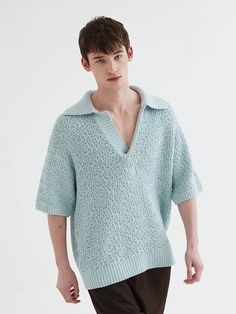 Editor's NotesHYIIⁿ's comfy and trendy open-collar shirt is knitted irregular structure with a voluminous feeling.- Pullover closure- 100% cotton material- Irregular knitting structure- Loose fit silhouette- Open collarMeasurements(in.)S/M/L- Total length: 25.98 / 27.55 / 28.34 in.- Shoulder: 19.68 / 20.86 / 22.04 in.- Chest: 42.51 / 46.45 / 50.39 in.- Hemline: 36.61 / 40.55 / 44.48 in.- Sleeve length: 9.84 / 10.23 / 10.62 in.- Cuffs width: 18.11 / 18.89 / 19.68 in.Model infoMan - Height: 6'13 F Oversized V-neck Polo Sweater Casual, Light Blue Cotton V-neck Sweater, Oversized Chunky Knit Cotton Tops, Light Blue V-neck Cotton Sweater, Oversized Light Blue Cotton Sweater, Oversized Casual Polo Sweater For Spring, Blue Collared Knit Sweater, Cotton V-neck Polo Sweater For Spring, Blue Textured Knit Collared Tops