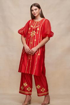 Red straight kurta with gota embroidery in chanderi base. - Aza Fashions Gota Embroidery, Kurta Women, Kurta For Women, Red Tunic, Straight Kurta, Long Red, Womens Tunics, Aza Fashion, Embroidery