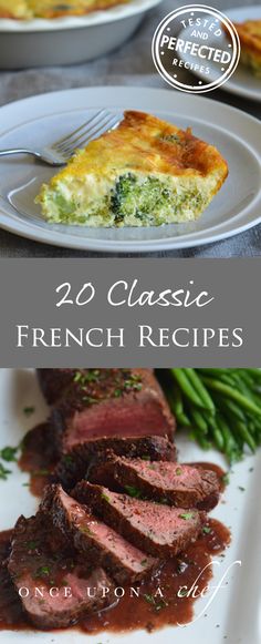 the cover of 20 classic french recipes, including steak and broccoli with gravy