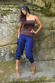 Available colors and sizes: Black: S,M,L,XL Chocolate Brown: S,M,L Midnight Blue: S,M,L Ash Gray: S,M,L Sage Green: S,M,L These are my favorite new pants! Perfect for lounging around the house or wearing out with heels or boots! So easily dressed up or down, these medium weight, cotton lycra pedal pushers are held secure at the waist with a drawstring and they sport cargo pockets on both sides. They are just snug enough around the hips to define the figure and accentuate the female form, while r Stretch Blue Pants With Cargo Pockets, Blue Stretch Pants With Cargo Pockets, Casual Capri Pants With Side Pockets, Versatile Cropped Pants With Side Pockets, Versatile Cropped Leg Pants With Pockets, Casual Ankle-length Leggings With Pockets, Loosely Fitted Capris With Elastic Waistband, Casual Wide Leg Leggings With Pockets, Casual Capri Length Bottoms With Side Pockets