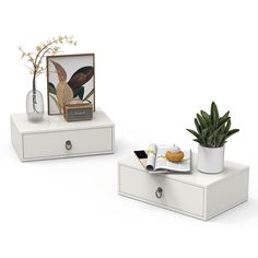 two white boxes with plants and food on them sitting next to each other in front of a photo frame