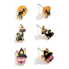 Set Of Three Halloween Themed Stud Earrings Studs Approximately .5" In Diameter Dinosaur Skeleton, Lapis Earrings, Betsey Johnson Earrings, Gold Earrings For Women, Long Tassel Earrings, Tassel Drop Earrings, Cool Gifts For Women, Gemstone Stud Earrings, Earrings Studs