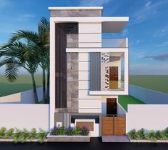 this is an artist's rendering of a modern house with palm trees in the background