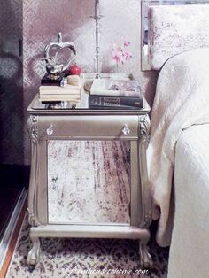 DIY Mirrored Nightstand (A Gorgeous Glam Bedside Table) Decorate With Mirrors, Mirror Decorating Ideas, Diy Glam Decor, Furniture Makeover Ideas, Mirror Adhesive, Old Tables, Nightstand Makeover, House To Home