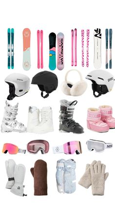 various ski equipment including gloves, goggles, and snowboards on a white background