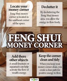 the benefits of feng shui for money corner info graphic on wood flooring