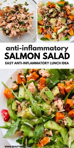 an image of a salad with salmon and lettuce on it, in three different pictures