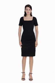 A dress with a basic shape, black always exudes mystery and elegance to the wearer, never out of fashion. A smart choice for both work and after-work wear, this square-neck dress offers impressive versatility. The one-piece dress has a classic silhouette, comfortable and flattering design, with a bit of stretch for flexibility. Made of stretchy and soft material, very comfortable to wear, short sleeve dress, square neck, split back, delicate pleated bodice, knee length, fit but still comfortable Black Midi Dress With Fitted Bodice And Straight Neckline, Square Neck Dresses For Work, Elegant Square Neck Mini Dress For Work, Sleek Square Neck Bodycon Evening Dress, Sleek Square Neck Bodycon Dress For Evening, Solid Square Neck Bodycon Dress, Evening Square Neck Bodycon Dress, Mini Dress With Straight Neckline For Work, Solid Color Bodycon Dress With Square Neck