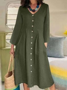 V-neck Shirt Dress With Buttons, Green V-neck Maxi Dress With Button Closure, Casual Solid A-line Shirt Dress, Non-stretch V-neck Dress With Pockets, Casual Button-up Midi Dress, Casual Long Sleeve Maxi Dress With Buttons, Solid Buttoned Dresses For Fall, Summer Long Sleeve Midi Dress With Buttons, Spring A-line Shirt Dress With Button Closure