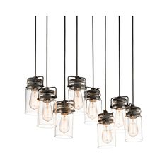 a bunch of lights that are hanging from a light fixture with glass jars on them