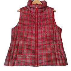 Elevate Your Winter Wardrobe With This Stunning Talbots Vest. The Sleeveless Design And Short Length Make It Perfect For Layering Over A Long-Sleeved Shirt Or Sweater. The Red Tartan Plaid Pattern Adds A Pop Of Color To Any Outfit, While The Down Insulation Keeps You Warm And Cozy Throughout The Winter Months. The Full Zip Closure And Machine Washable Garment Care Make This Vest Both Practical And Stylish. Ideal For Travel Or Casual Occasions, This Vest Is A Must-Have For Any Outdoor, Classic, O Red Sleeveless Winter Vest, Red Fitted Sleeveless Outerwear, Fitted Red Sleeveless Outerwear, Red Sleeveless Vest Outerwear, Red Sleeveless Outerwear For Fall, Red Sleeveless Fall Outerwear, White Faux Fur Vest, Classic Preppy Style, Vest Layering