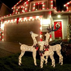 two lighted deer in front of a house