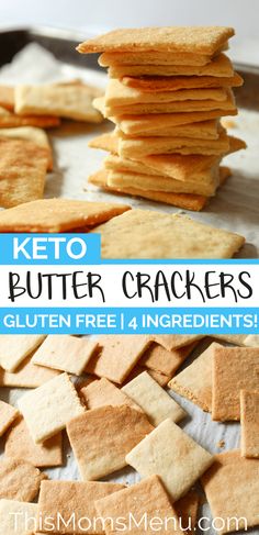 keto crackers stacked on top of each other with text overlay that reads, keto butter crackers gluten free / 4 ingredients