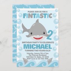 a birthday party card with a shark on it