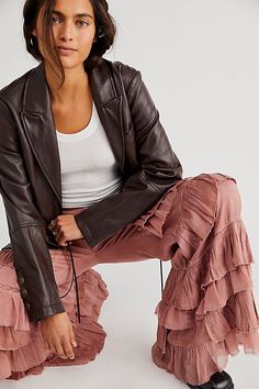 Make a statement for the frill of it in these need-now novelty pants. **Fit:** Mid-rise, billowy tiered design **Features:** Pull-on design, tiered ruffle trimming, raw-edge details, back smocked waistband feature **Why We | Rock And Frill Pants by Free People in Pink, Size: L Frill Pants, We Rock, Burled Wood, Moto Boots, Small Waist, Boho Clothing, Retro Inspired, Boho Outfits, No Frills