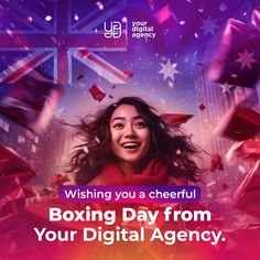 a woman with her hair blowing in the wind and text wishing you a cheerful boxing day from your digital agency