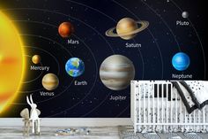 the solar system wallpaper mural in a child's room with a crib