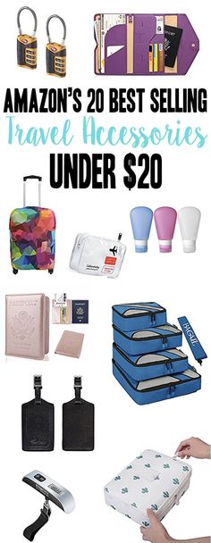 an advertisement for the amazon's 20 best selling travel accessories under $ 20 is shown