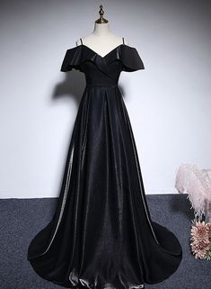 Black Prom Dress Midsize, Black Satin Dress Prom, Black Satin Evening Dress, Black Long Prom Dress, Black A-line Evening Gown, Black Prom Dresses Plus Size, Black A-line Evening Dress For Prom Season, Black A-line Evening Dress For Prom, Black Satin Evening Dress For Prom