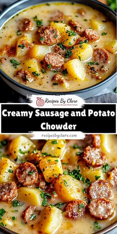 creamy sausage and potato chowder in a bowl