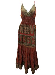 Material: Rayon Bust: 44'' Length: 54'' - Boho -  V neckline - maxi long dress - Flowy - Elasticated waist   - Ruffle seams  - Spaghetti Strapes - Ruffle hem - Abstract/paisley prints - Retro chic - Spring/ summer festival MADE FROM RECYCLED SARI FABRIC RJ19 Brown Ruffled Maxi Dress, Red Full-length Maxi Dress For Summer, Bohemian Fitted Full-length Maxi Dress, Fitted Bohemian Full Length Maxi Dress, Flowy Sleeveless Brown Maxi Dress, Brown Flowy Sleeveless Maxi Dress, Abstract Paisley, Long Flowy Dress, Flowy Summer Dresses