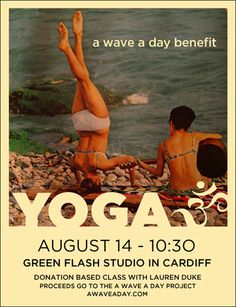 a poster advertising yoga for green flash studio in cardiff, on the water's edge