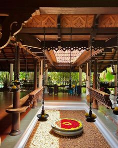 the inside of a building with lots of decorations