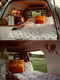 there is a bed in the back of a van that has been converted into a camper