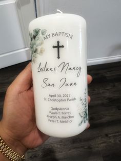 "Personalized - Custom Baptism, Christening, Bautizo, Naming Day, First Communion, Unity Candle! This is for ONE candle with a custom/personalized decal. The Size of the Candle is 3\" x 6\". PLEASE PROVIDE US WITH THE FOLLOWING INFORMATION UPON PURCHASING: -Desired text on candle (All text desired on candle, i.e. Name, event type, date, church name, godparents, etc). - Date you need the candle (We do not guarantee exact delivery dates) PLEASE READ Once all candle information is received, we will Candle Eucalyptus, Baptism Candle, Custom Candle, Communion Party, Unity Candle, One Candle, Name Day, Personalized Candles, God Parents