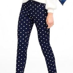 This Is A Brand New Banana Republic Sloan Skinny Fit Polka Dot Pant. It Comes In The Color Navy Blue And White And Also Comes In A Size 8. Navy Polka Dot Pants Outfit, Navy Blue Polka Dot Pants Outfit, Polka Dot Fitted Bottoms For Work, Fitted Polka Dot Bottoms For Work, Casual Polka Dot Pants For Work, Polka Dot Fitted Bottoms For Workwear, Polka Dot Bottoms For Workwear, Casual Polka Dot Work Pants, Fitted Polka Dot Casual Bottoms