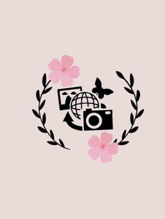 a camera and some pink flowers on a light gray background with the words,'we are