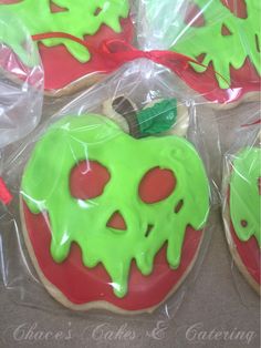 decorated cookies in plastic wrappers with green and red icing