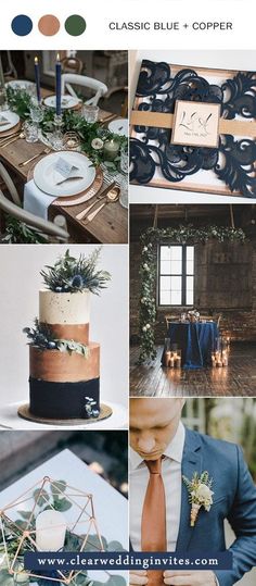 Navy blue is such an elegant color that we love to see it at weddings!This deep, rich color is especially striking, especially now that many brides are opting for light and neutral colors.If you're one of the bride-to-be and you like navy blue and you want to mix it up, we're here to advise you!Check out the ideas below! Blue And Copper Wedding, Classic Blue Wedding, Navy And Copper, Wedding Color Ideas, Copper Wedding, Wedding Colours, Wedding Colors Blue, Summer Wedding Colors