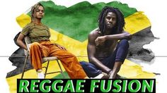 two people sitting next to each other in front of a jamaica flag with the words reggae fuson on it