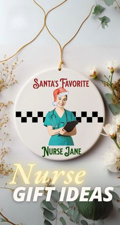 the nurse badge has been placed on top of a white plate with flowers and greenery